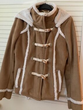 IDRA Anthropologie Brown Faux Suede Soft Cream Lined Hooded Coat